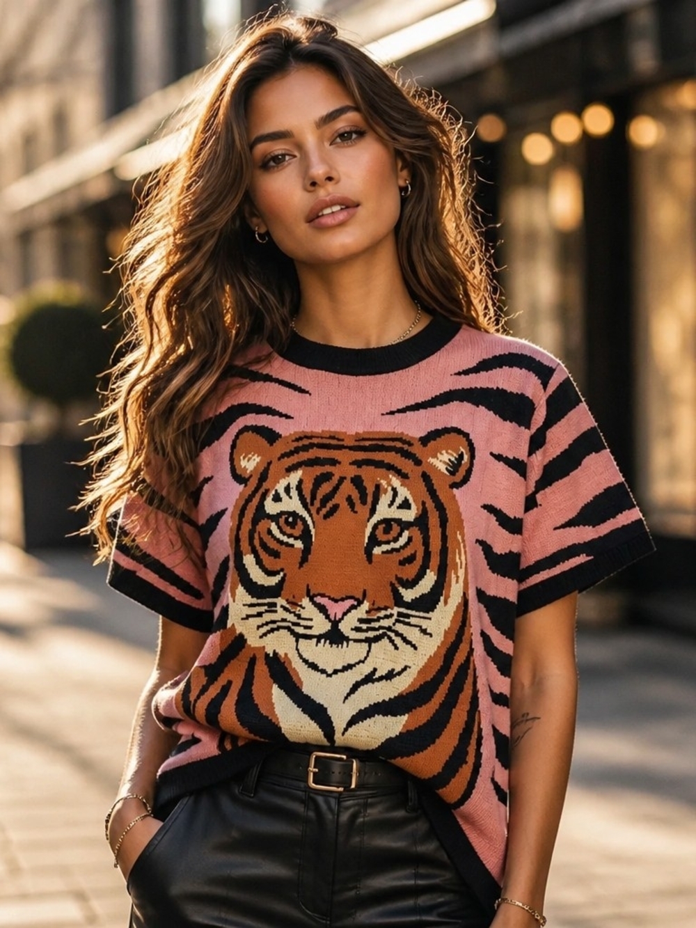 Pink Tiger-Graphic Short-Sleeve Knit Sweater